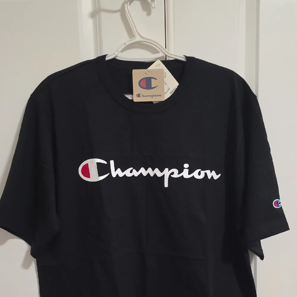 Champion Heritage Black T-Shirt with White Script Logo and Red Accent - Picture 3 of 4